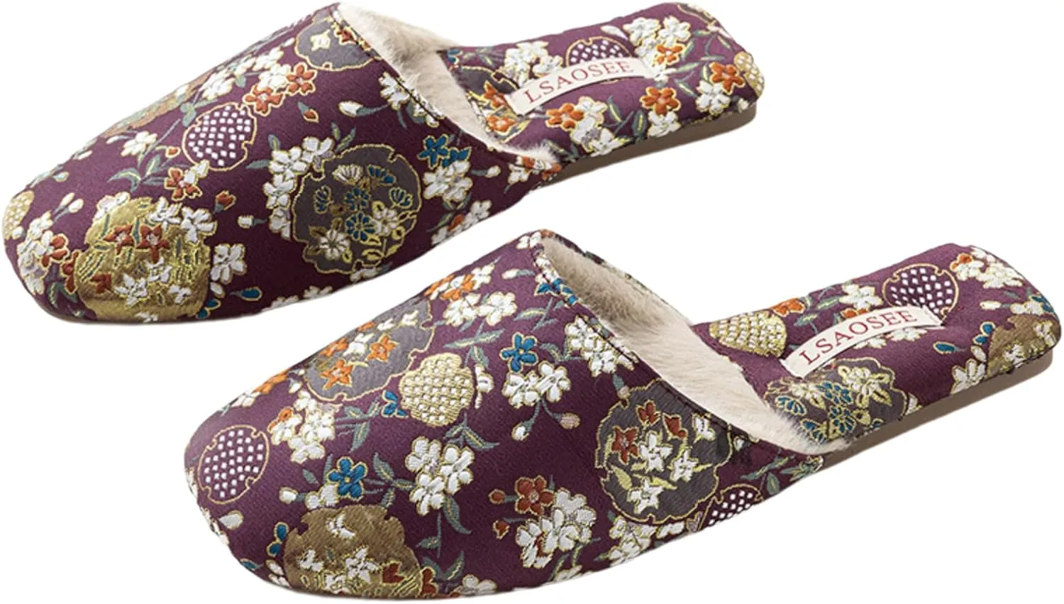Silk Embroidered Slippers for Women Retro Brocade Upper Fuzzy Linen insole Soft TPR Anti-Slip Soles Indoor Slippers