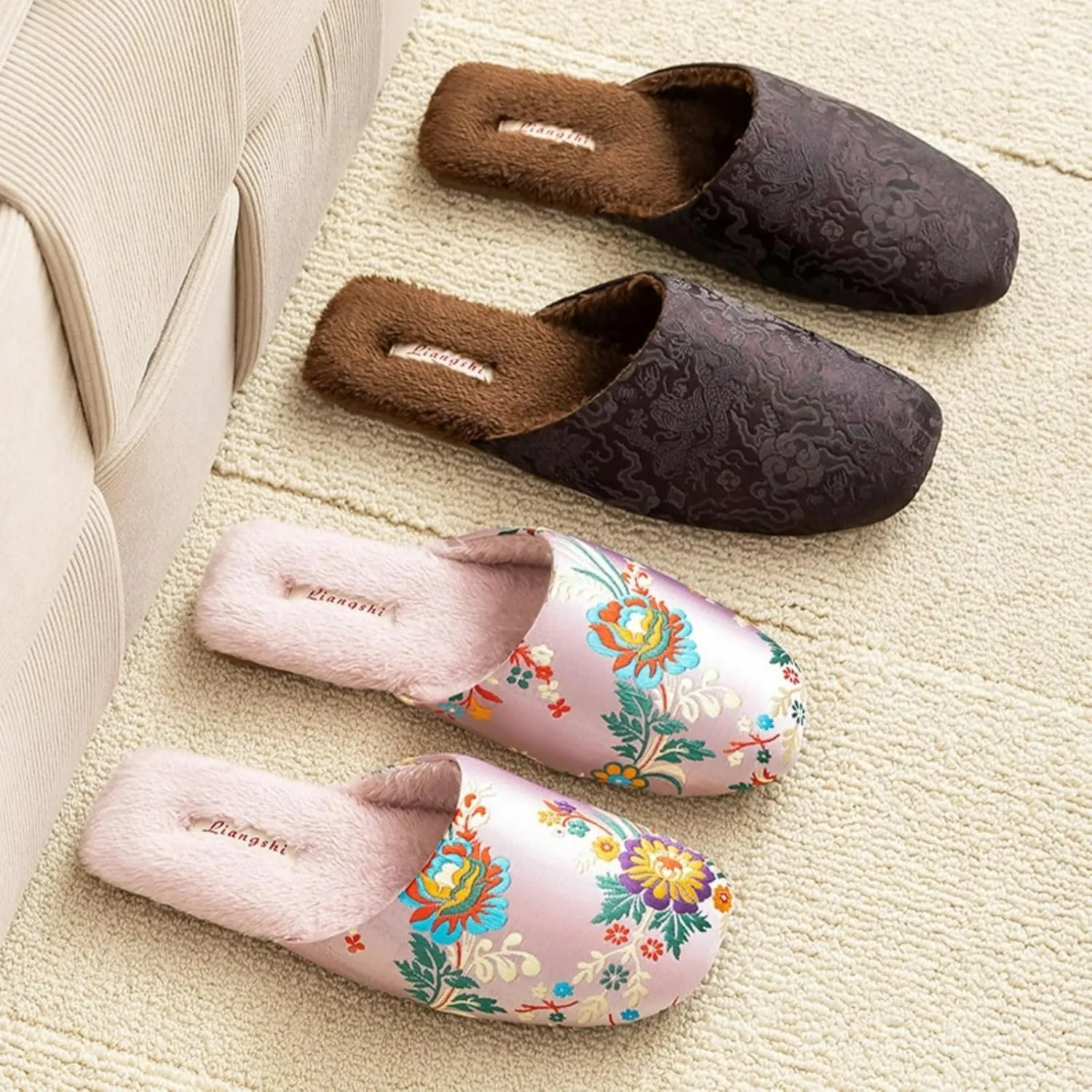 Silk Embroidered Slippers Women Retro Brocade Upper Mesh and Fuzzy Lining Anti-Slip Soles Indoor Slippers