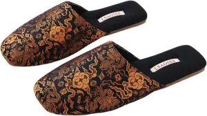 Silk Embroidered Slippers Women Retro Brocade Upper Mesh and Fuzzy Lining Anti-Slip Soles Indoor Slippers