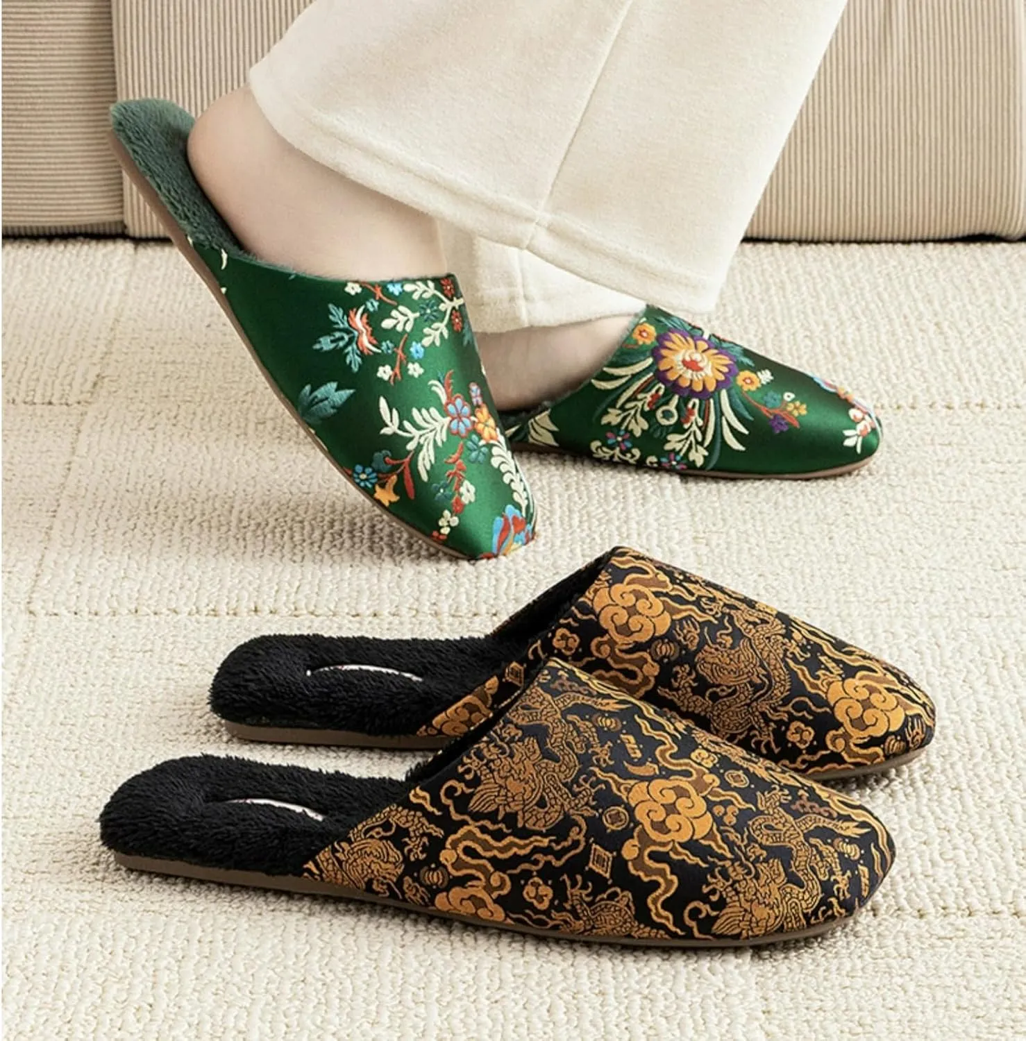 Silk Embroidered Slippers Women Retro Brocade Upper Mesh and Fuzzy Lining Anti-Slip Soles Indoor Slippers