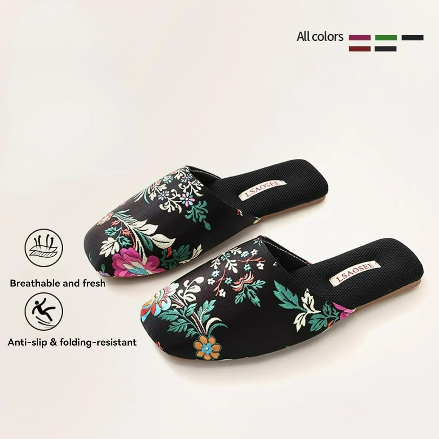 Silk Embroidered Slippers Women Retro Brocade Upper Mesh and Fuzzy Lining Anti-Slip Soles Indoor Slippers