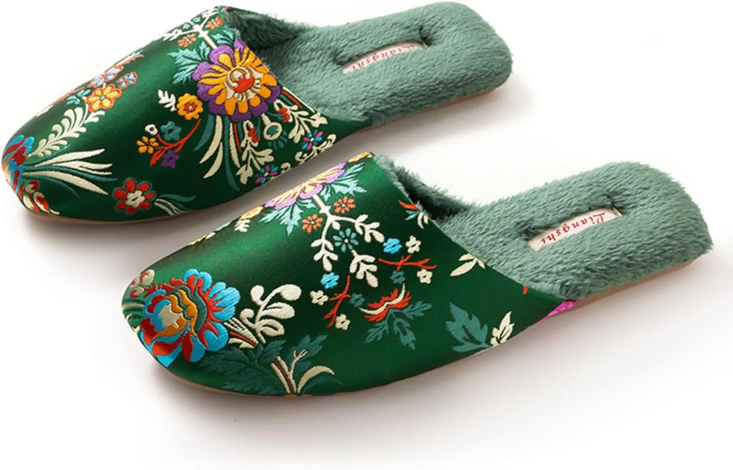 Silk Embroidered Slippers Women Retro Brocade Upper Mesh and Fuzzy Lining Anti-Slip Soles Indoor Slippers