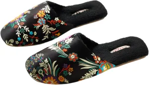 Silk Embroidered Slippers Women Retro Brocade Upper Mesh and Fuzzy Lining Anti-Slip Soles Indoor Slippers