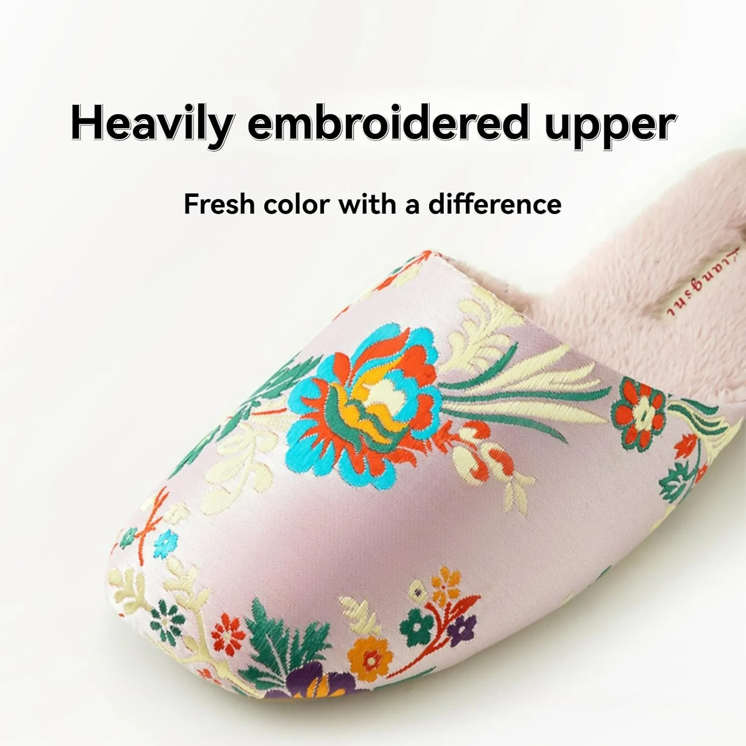 Silk Embroidered Slippers Women Retro Brocade Upper Mesh and Fuzzy Lining Anti-Slip Soles Indoor Slippers
