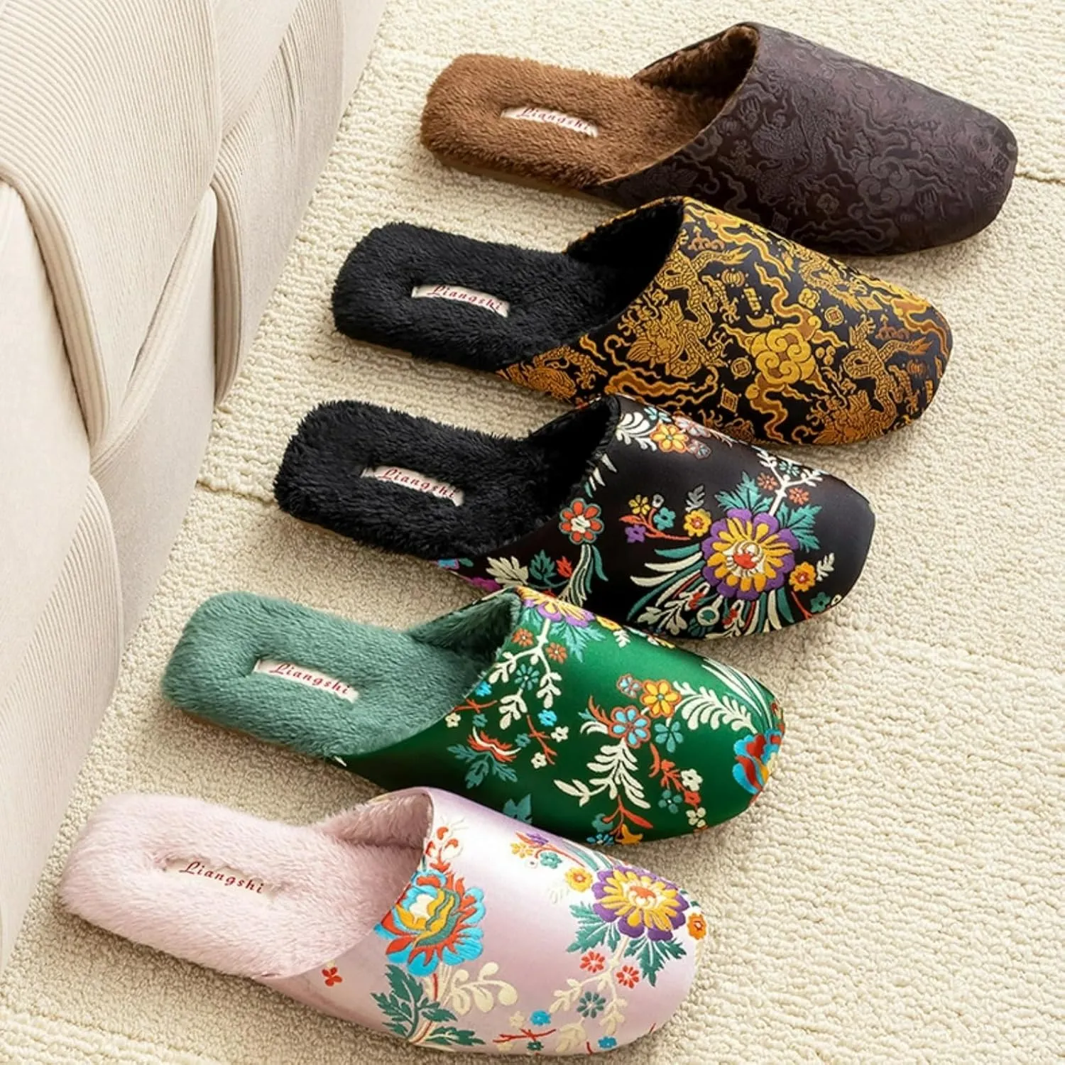 Silk Embroidered Slippers Women Retro Brocade Upper Mesh and Fuzzy Lining Anti-Slip Soles Indoor Slippers