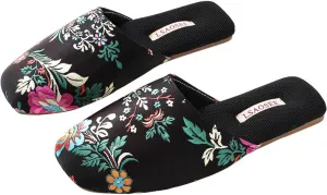 Silk Embroidered Slippers Women Retro Brocade Upper Mesh and Fuzzy Lining Anti-Slip Soles Indoor Slippers