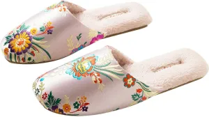 Silk Embroidered Slippers Women Retro Brocade Upper Mesh and Fuzzy Lining Anti-Slip Soles Indoor Slippers