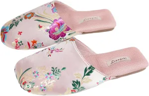 Silk Embroidered Slippers Women Retro Brocade Upper Mesh and Fuzzy Lining Anti-Slip Soles Indoor Slippers