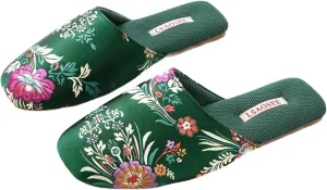 Silk Embroidered Slippers Women Retro Brocade Upper Mesh and Fuzzy Lining Anti-Slip Soles Indoor Slippers