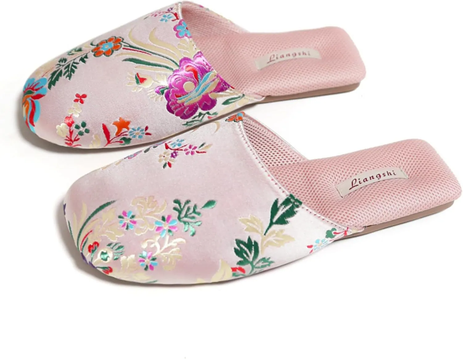 Silk Embroidered Slippers Women Retro Brocade Upper Mesh and Fuzzy Lining Anti-Slip Soles Indoor Slippers