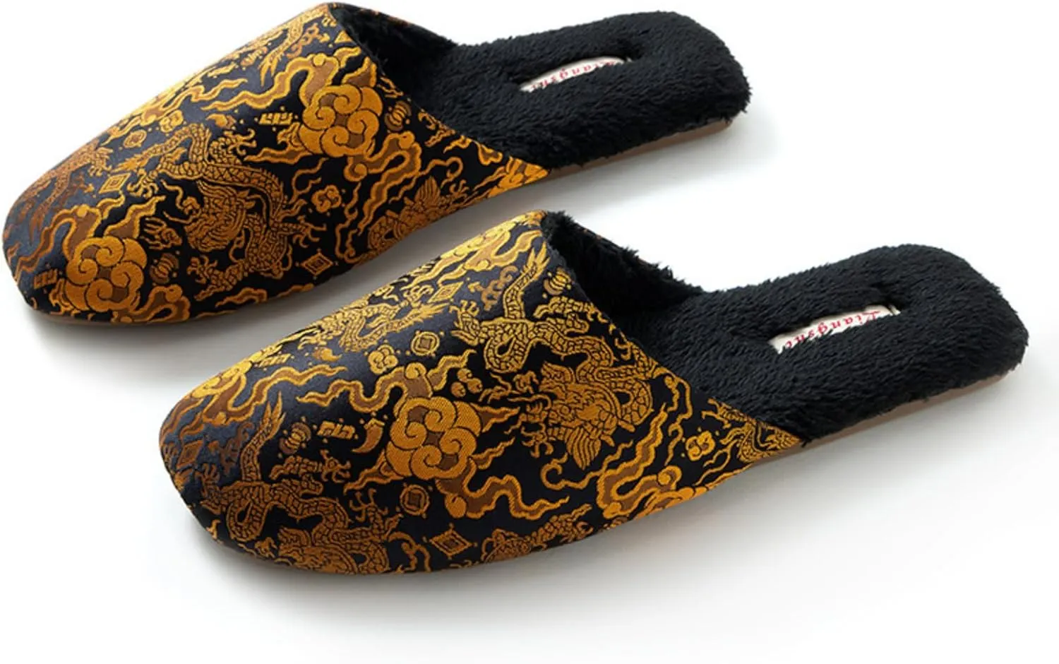 Silk Embroidered Slippers Women Retro Brocade Upper Mesh and Fuzzy Lining Anti-Slip Soles Indoor Slippers