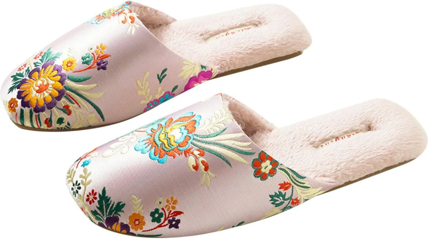 Silk Embroidered Slippers Women Retro Brocade Upper Mesh and Fuzzy Lining Anti-Slip Soles Indoor Slippers