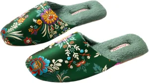 Silk Embroidered Slippers Women Retro Brocade Upper Mesh and Fuzzy Lining Anti-Slip Soles Indoor Slippers