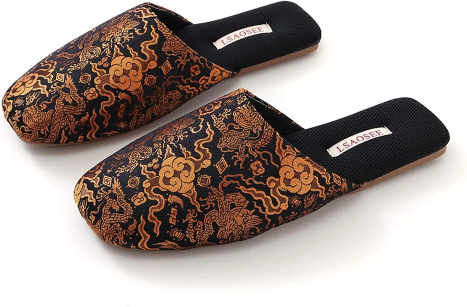 Silk Embroidered Slippers Women Retro Brocade Upper Mesh and Fuzzy Lining Anti-Slip Soles Indoor Slippers