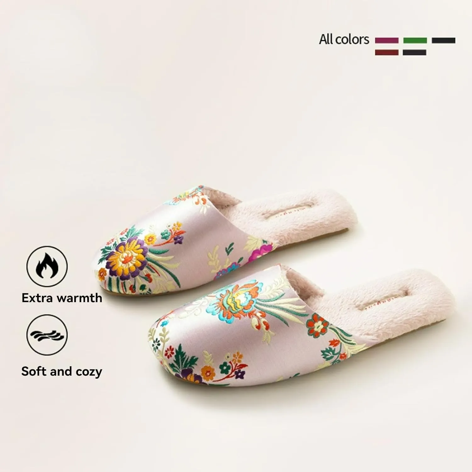 Silk Embroidered Slippers Women Retro Brocade Upper Mesh and Fuzzy Lining Anti-Slip Soles Indoor Slippers