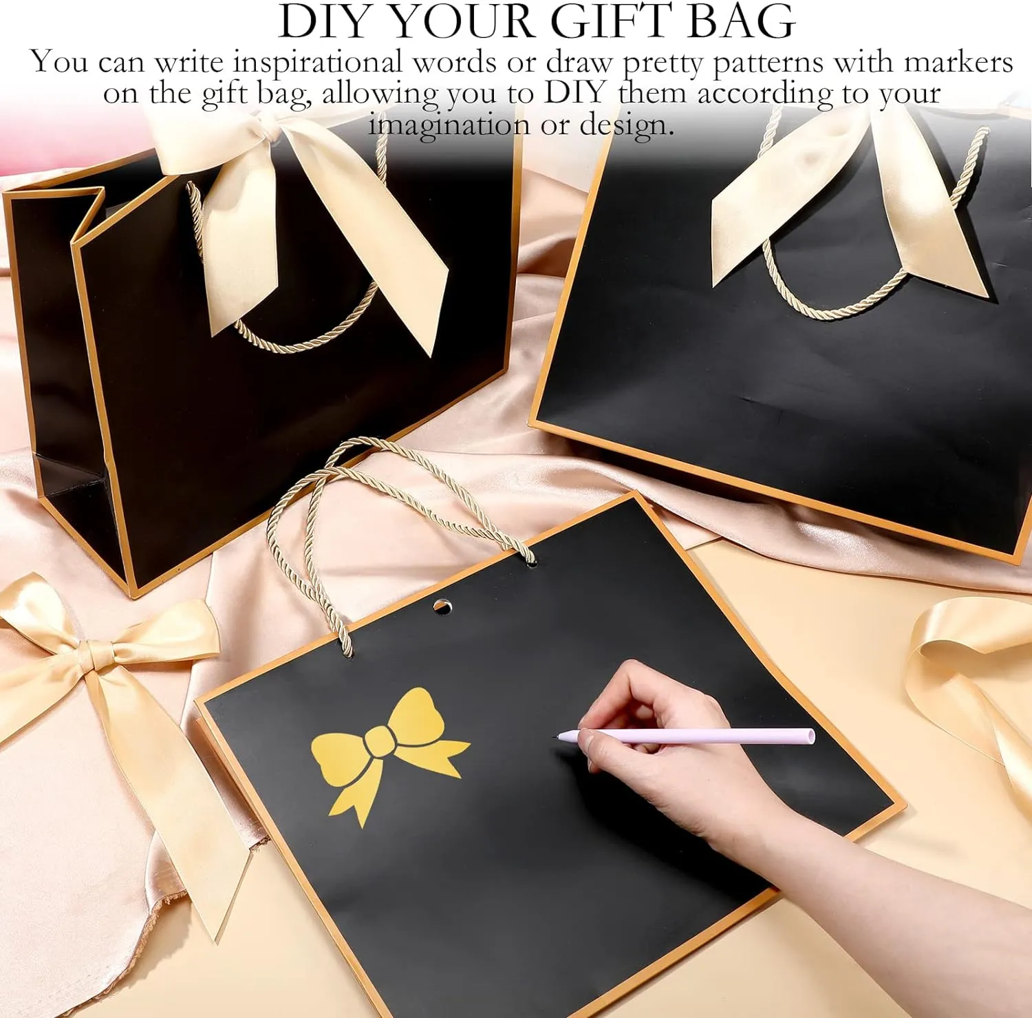 Silkfly 24 Pcs Thank You Gift Bags with Handles 11.8 x 10 x 4'' Elegant Reusable Paper Gift Bags with Bow Ribbon for Wedding Anniversary Bridal Shower Birthday Housewarming Party(Black, Gold)