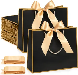 Silkfly 24 Pcs Thank You Gift Bags with Handles 11.8 x 10 x 4'' Elegant Reusable Paper Gift Bags with Bow Ribbon for Wedding Anniversary Bridal Shower Birthday Housewarming Party(Black, Gold)