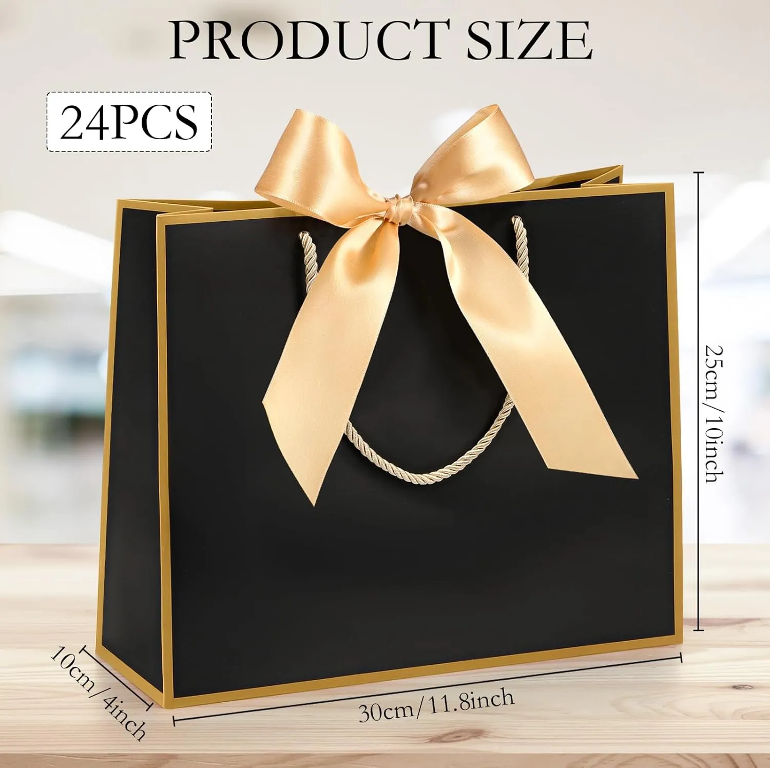 Silkfly 24 Pcs Thank You Gift Bags with Handles 11.8 x 10 x 4'' Elegant Reusable Paper Gift Bags with Bow Ribbon for Wedding Anniversary Bridal Shower Birthday Housewarming Party(Black, Gold)