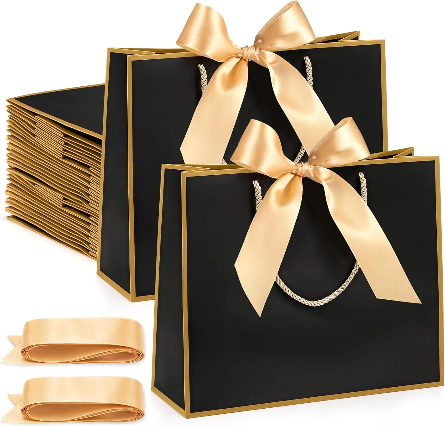 Silkfly 24 Pcs Thank You Gift Bags with Handles 11.8 x 10 x 4'' Elegant Reusable Paper Gift Bags with Bow Ribbon for Wedding Anniversary Bridal Shower Birthday Housewarming Party(Black, Gold)