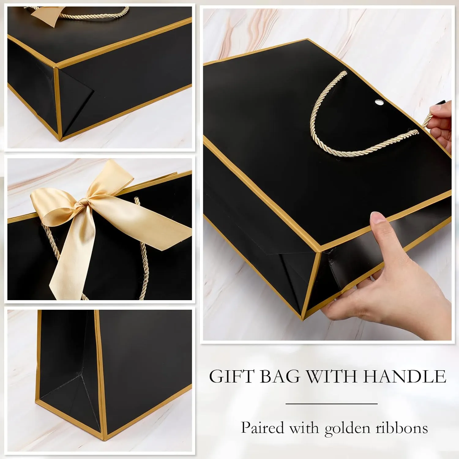 Silkfly 24 Pcs Thank You Gift Bags with Handles 11.8 x 10 x 4'' Elegant Reusable Paper Gift Bags with Bow Ribbon for Wedding Anniversary Bridal Shower Birthday Housewarming Party(Black, Gold)