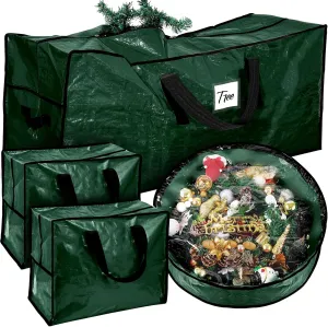 Silkfly 4 Pcs Christmas Tree Storage Bag Fits for 9ft Artificial Tree Xmas Wreath Storage Container 2 Christmas OrnamentS Garland Bags with Card Slot Reinforced Handles(Green)