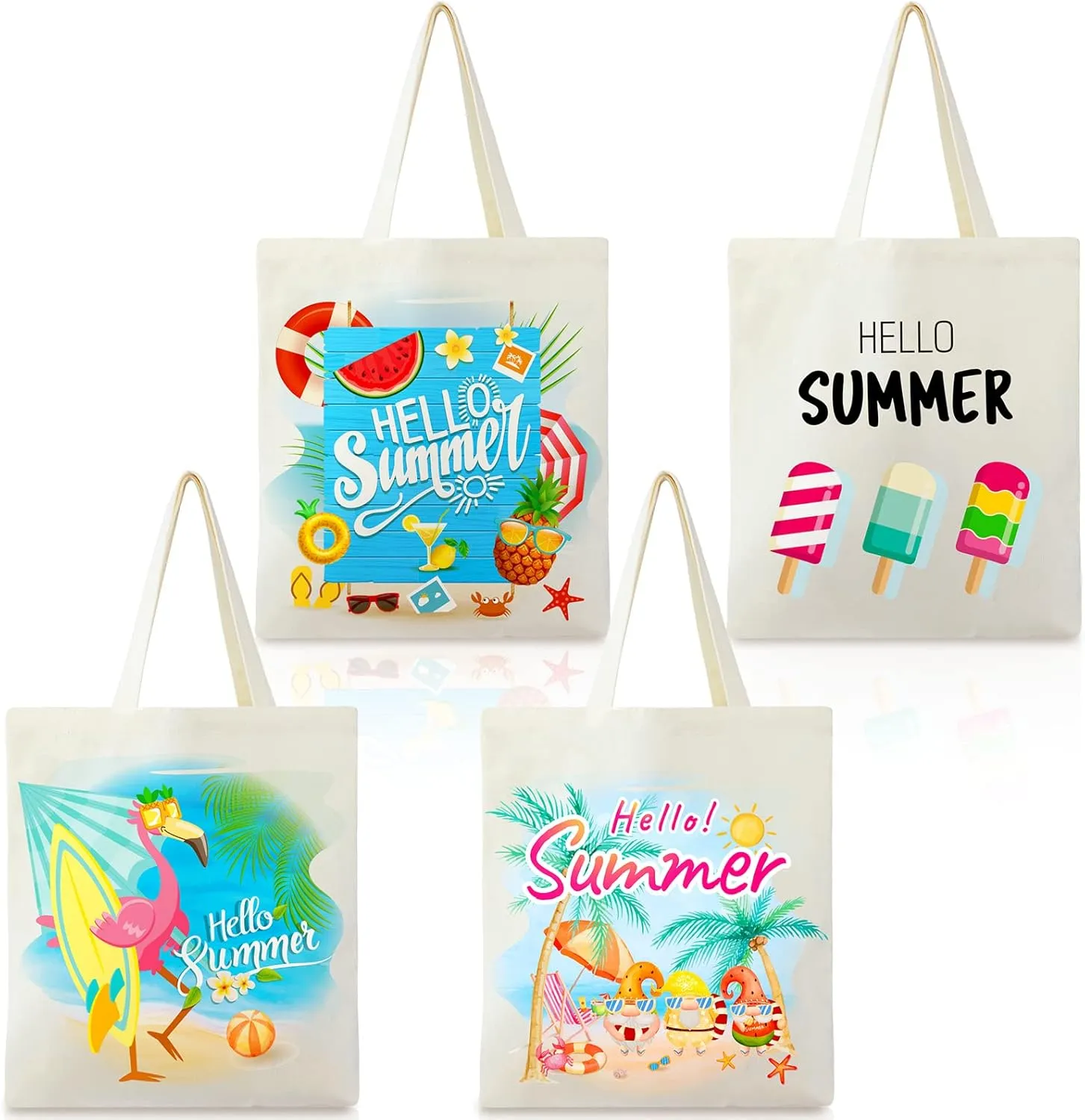 Silkfly 4 Pcs Summer Tote Bag Beach flamingo Reusable Handbag Washable Shopping Canvas Bags for Women Travel Gift