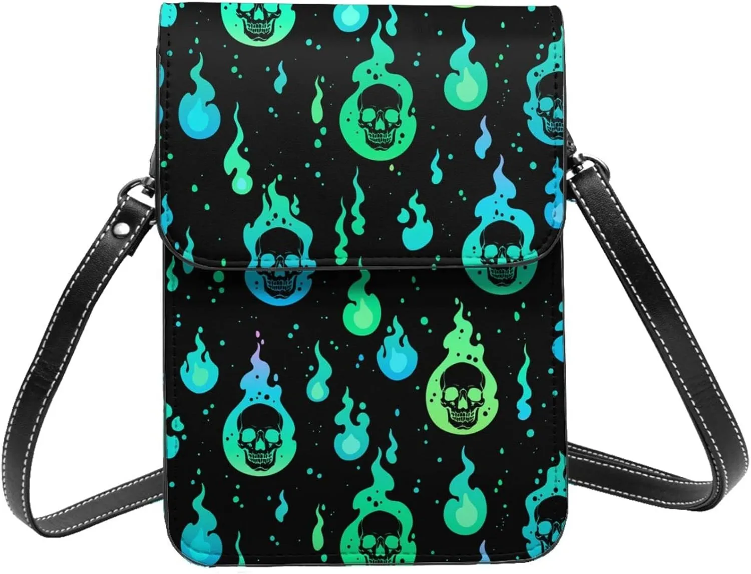 skulls in bright flames soul black Crossbody Cell Phone Purse for Women Girls Leather Mini Cross Body Bags Small Shoulder Bags