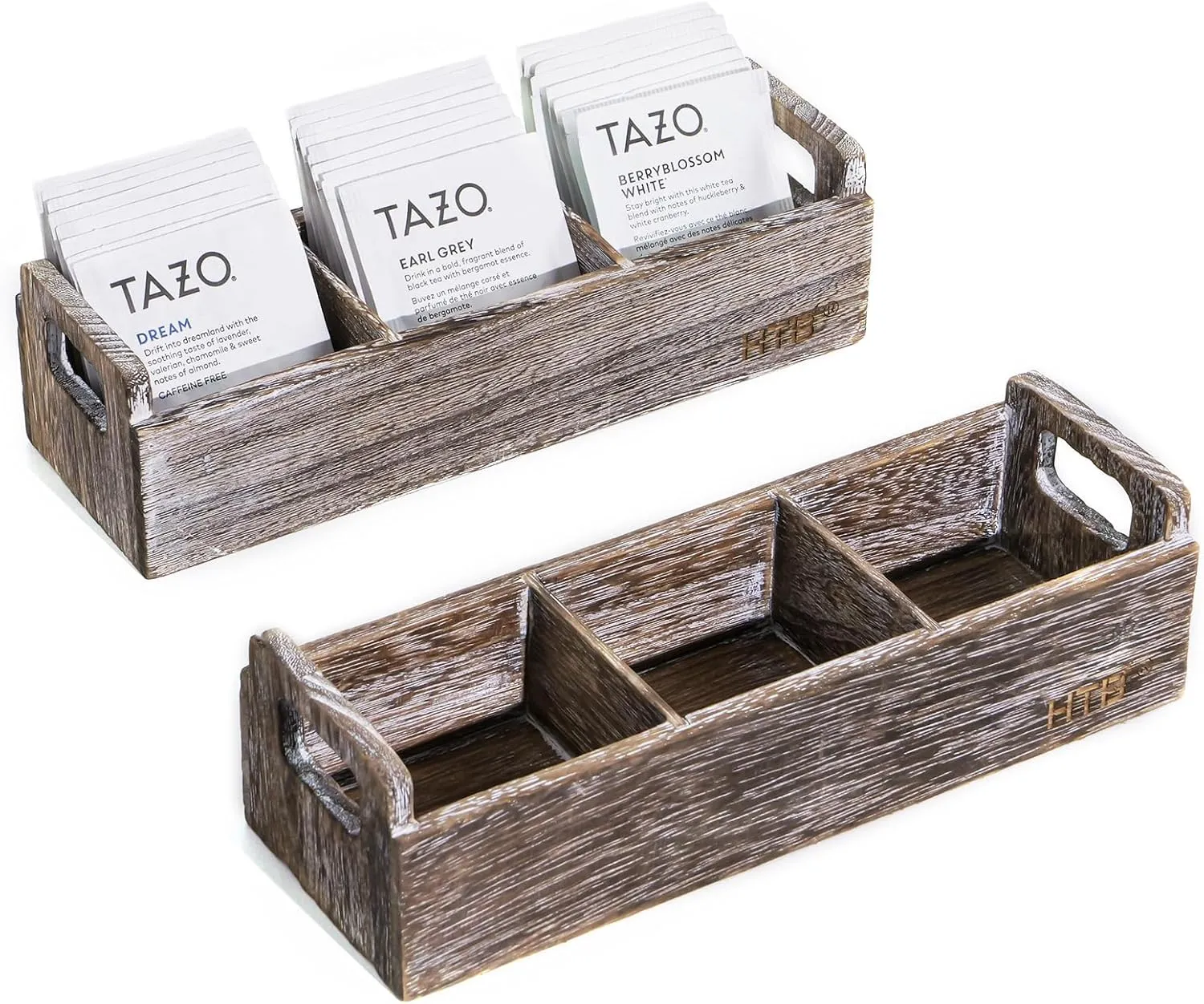 Slim Tea Bag Organizer 2PCS by HTB, 3 Compartments Tea Box Wooden with Handle for Small Space, Antique-White Wood Tea Organizer for Tea Bags Lightweight Paulownia Wood