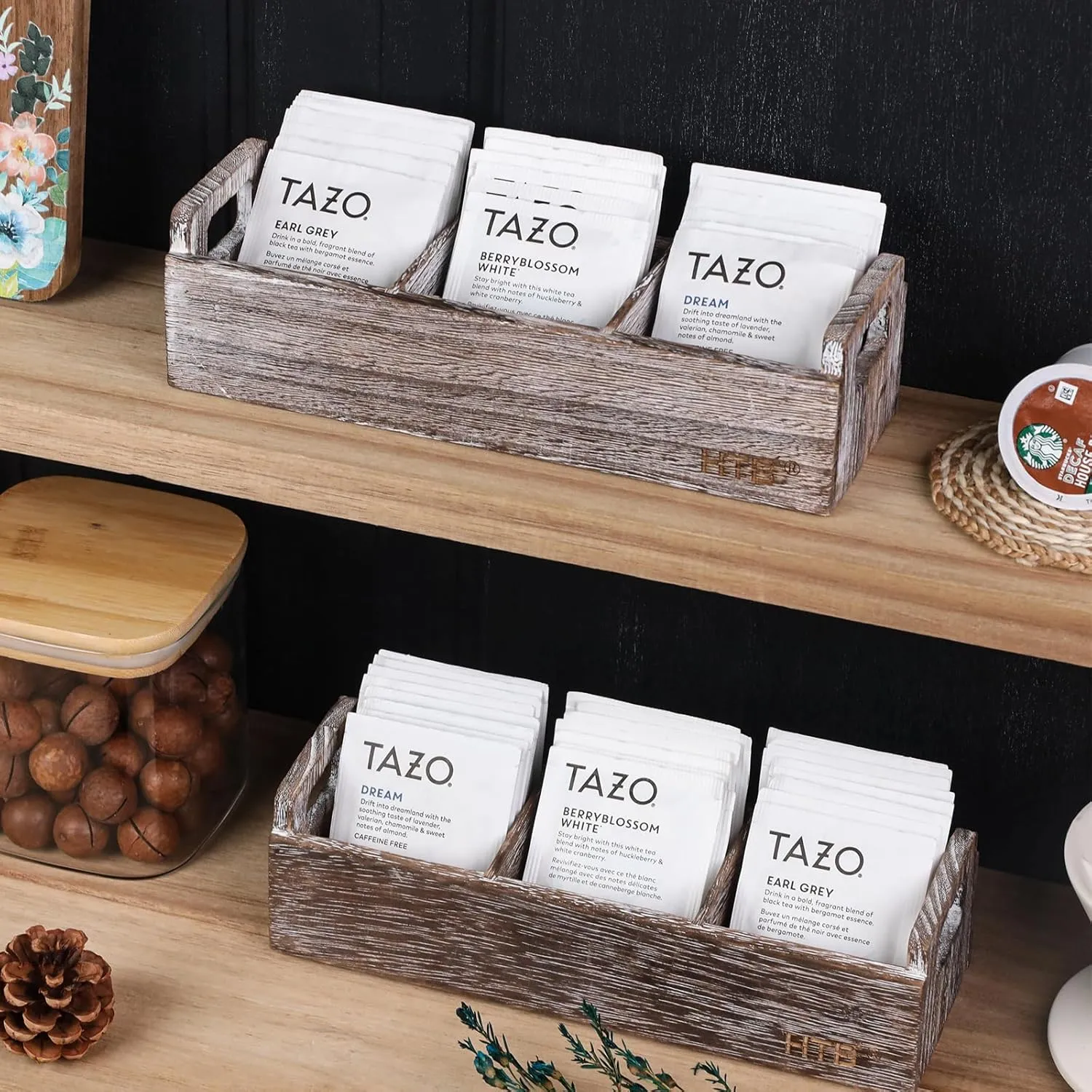 Slim Tea Bag Organizer 2PCS by HTB, 3 Compartments Tea Box Wooden with Handle for Small Space, Antique-White Wood Tea Organizer for Tea Bags Lightweight Paulownia Wood