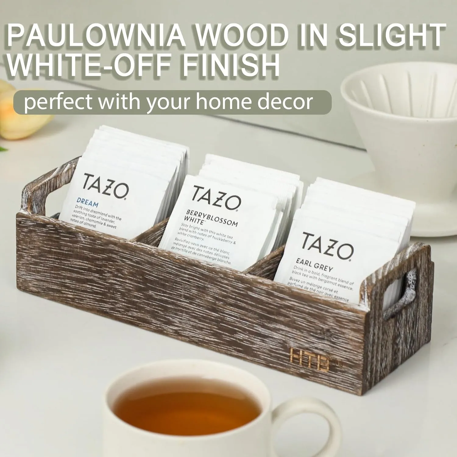 Slim Tea Bag Organizer 2PCS by HTB, 3 Compartments Tea Box Wooden with Handle for Small Space, Antique-White Wood Tea Organizer for Tea Bags Lightweight Paulownia Wood