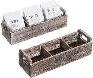 Slim Tea Bag Organizer 2PCS by HTB, 3 Compartments Tea Box Wooden with Handle for Small Space, Antique-White Wood Tea Organizer for Tea Bags Lightweight Paulownia Wood