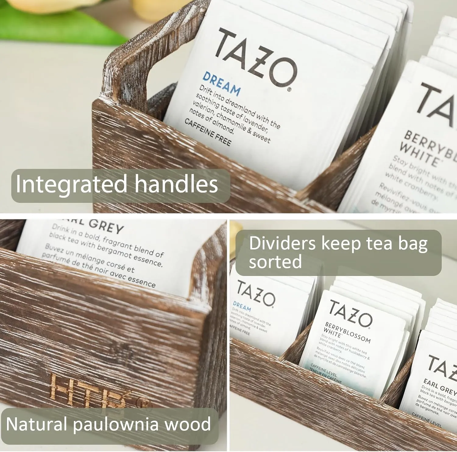 Slim Tea Bag Organizer 2PCS by HTB, 3 Compartments Tea Box Wooden with Handle for Small Space, Antique-White Wood Tea Organizer for Tea Bags Lightweight Paulownia Wood