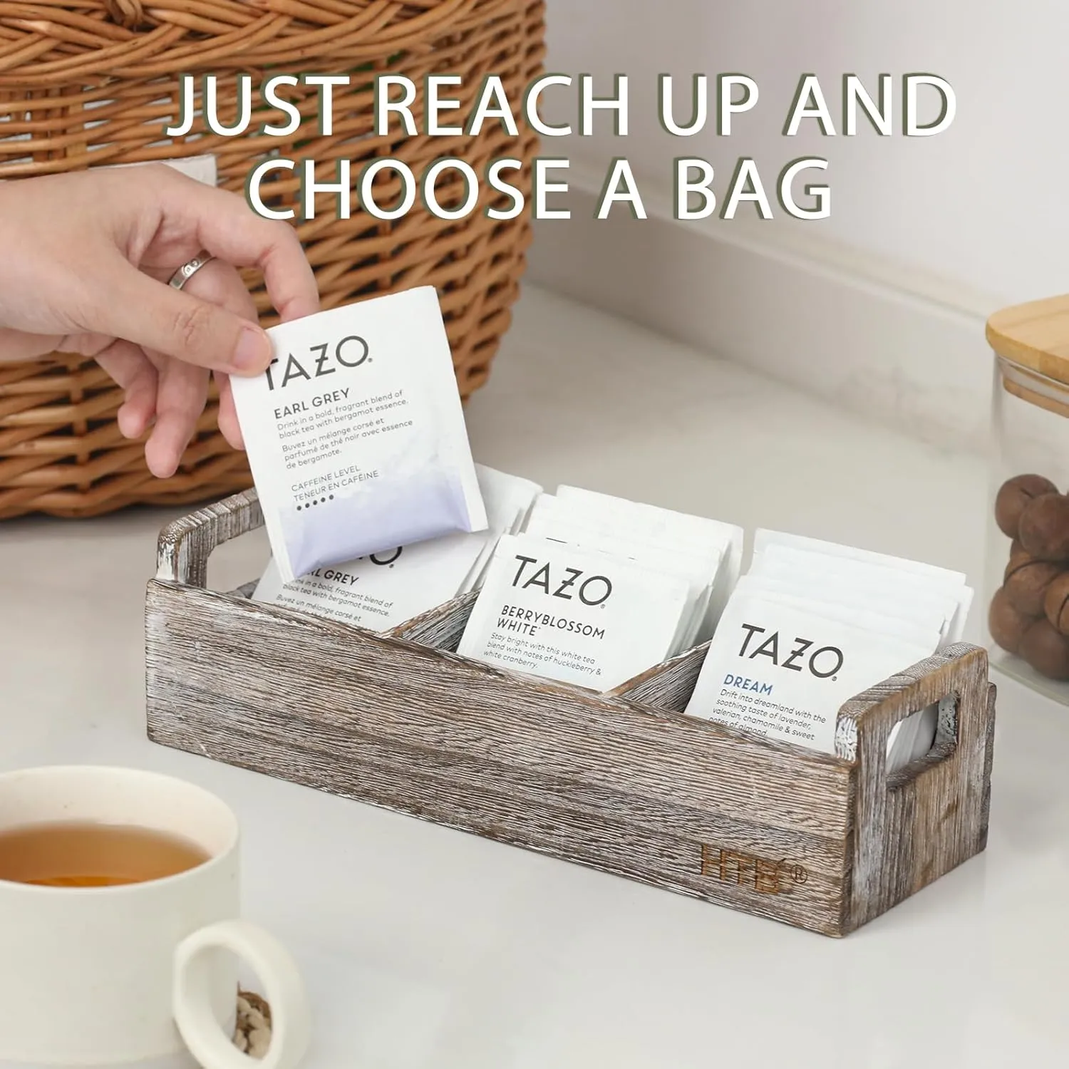 Slim Tea Bag Organizer 2PCS by HTB, 3 Compartments Tea Box Wooden with Handle for Small Space, Antique-White Wood Tea Organizer for Tea Bags Lightweight Paulownia Wood