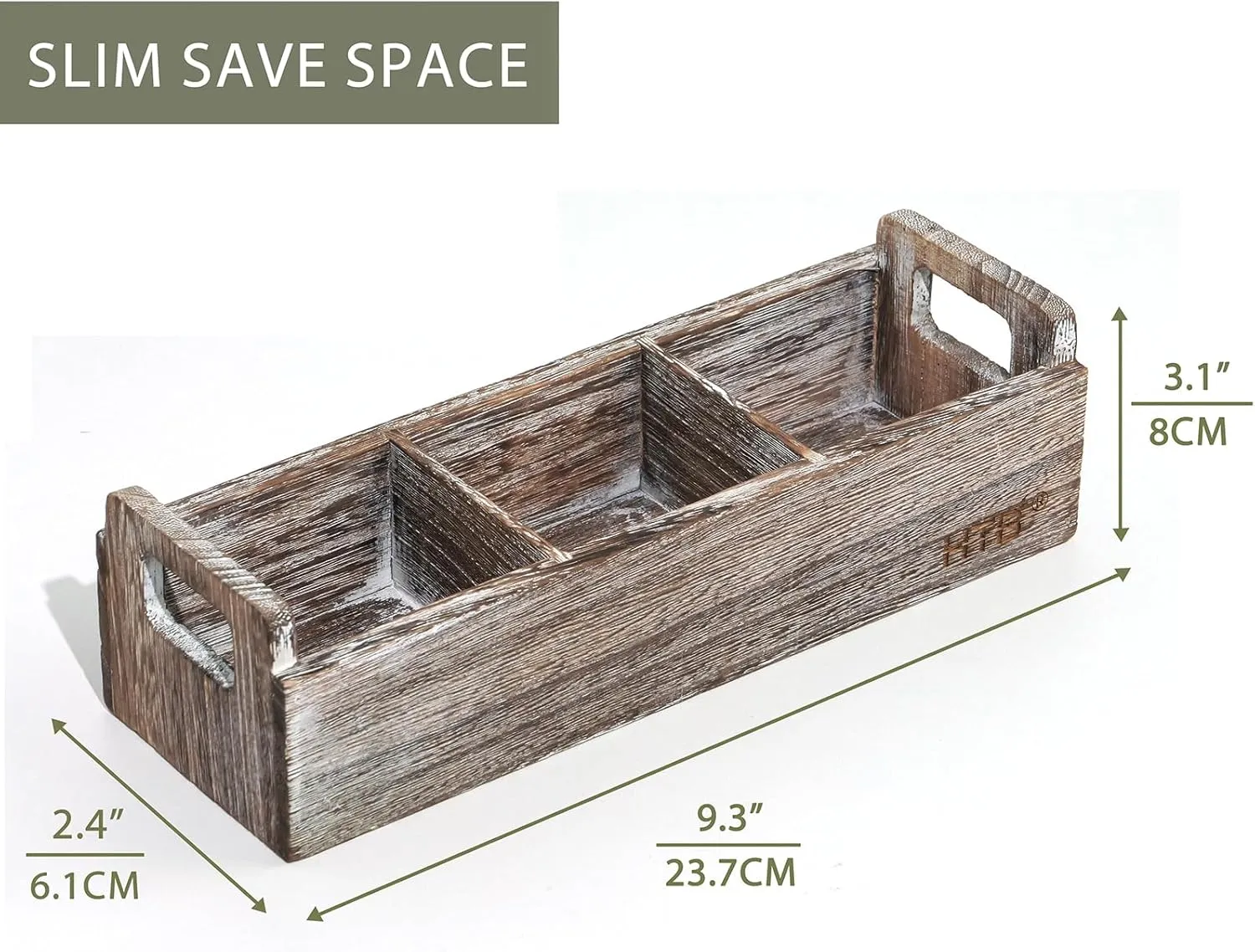 Slim Tea Bag Organizer 2PCS by HTB, 3 Compartments Tea Box Wooden with Handle for Small Space, Antique-White Wood Tea Organizer for Tea Bags Lightweight Paulownia Wood