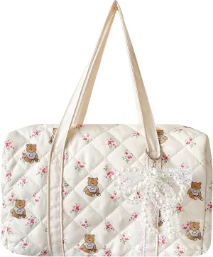 Small Floral Quilted Puffer Bag， Travel Duffel Bag For Women And Girls, Coquette Aesthetics Tote Bag, Cute Kawaii Travel Weekend Bag with Ribbon Pearl Charm (White Bear)