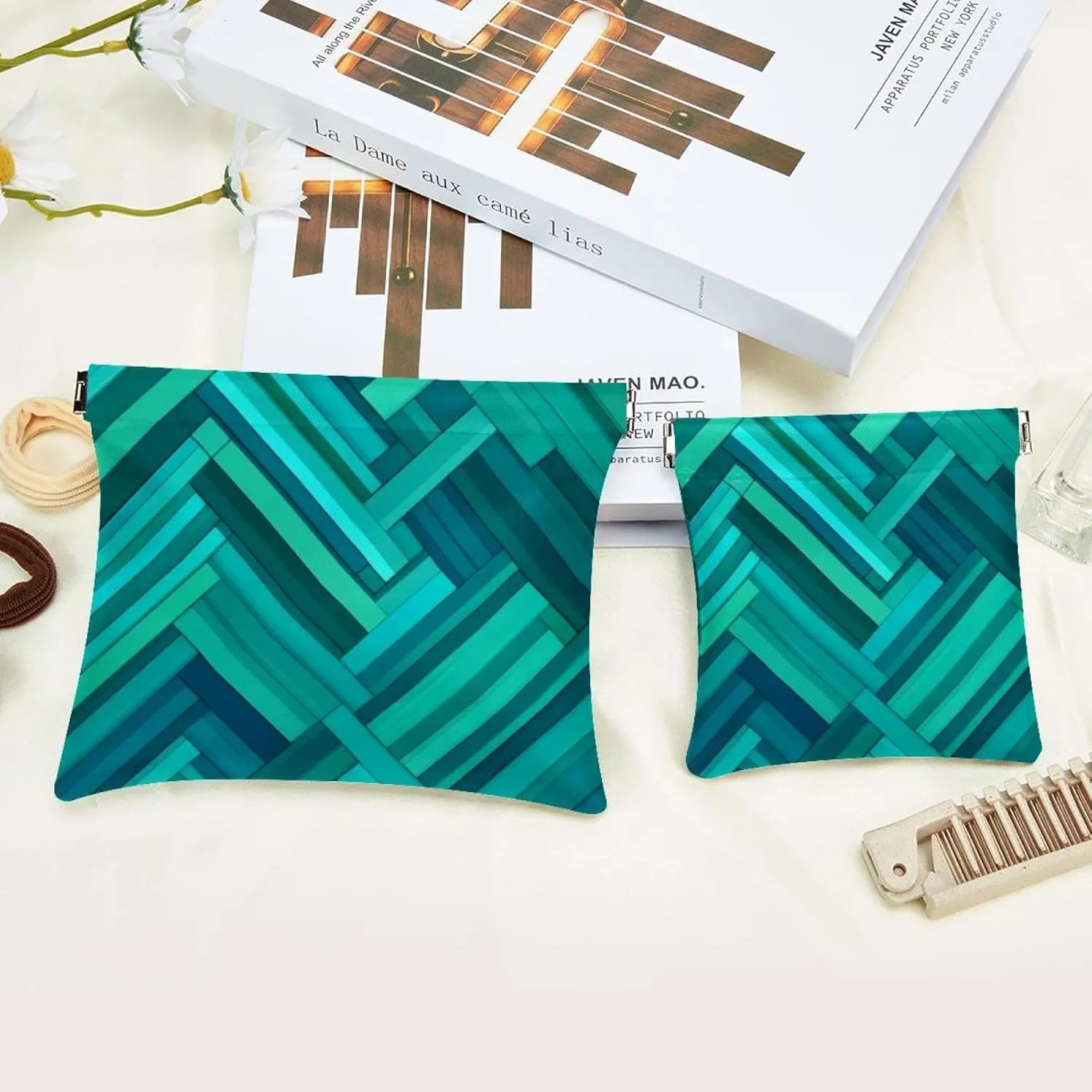 Small Pocket Cosmetic Bag, Squeeze Top Travel Makeup Bag for Purse, No Zipper Self-Closing Mini Makeup Pouch for Women Girls, Aqua Blue Turquoise and Teal Rectangle Pattern