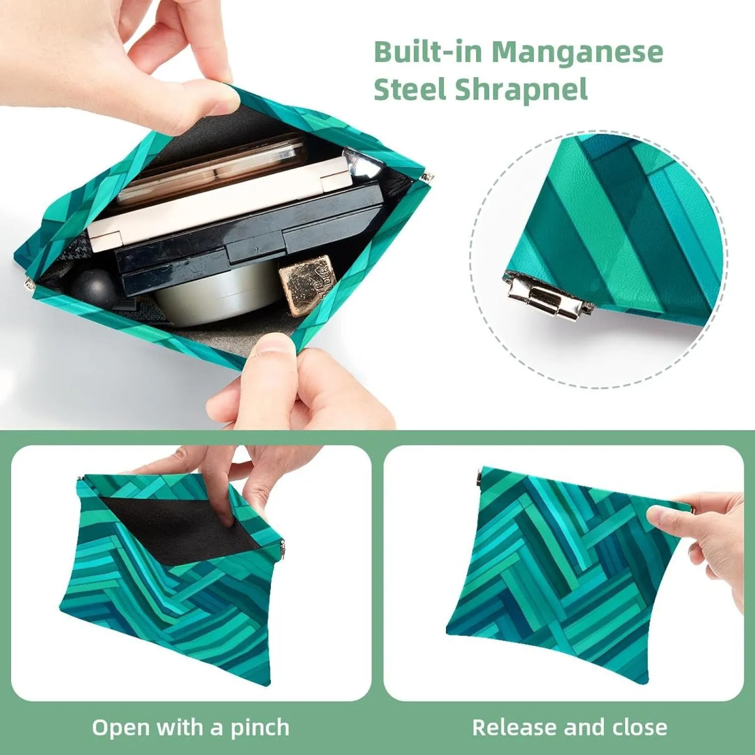 Small Pocket Cosmetic Bag, Squeeze Top Travel Makeup Bag for Purse, No Zipper Self-Closing Mini Makeup Pouch for Women Girls, Aqua Blue Turquoise and Teal Rectangle Pattern