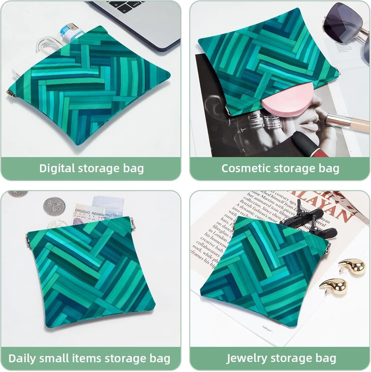 Small Pocket Cosmetic Bag, Squeeze Top Travel Makeup Bag for Purse, No Zipper Self-Closing Mini Makeup Pouch for Women Girls, Aqua Blue Turquoise and Teal Rectangle Pattern