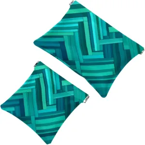 Small Pocket Cosmetic Bag, Squeeze Top Travel Makeup Bag for Purse, No Zipper Self-Closing Mini Makeup Pouch for Women Girls, Aqua Blue Turquoise and Teal Rectangle Pattern