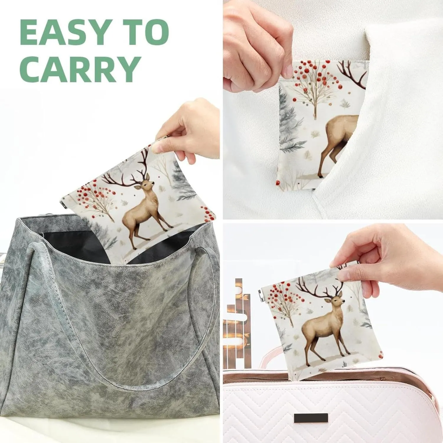 Small Pocket Cosmetic Bag, Squeeze Top Travel Makeup Bag for Purse, No Zipper Self-Closing Mini Makeup Pouch for Women Girls, Cute Christmas Elk-1835