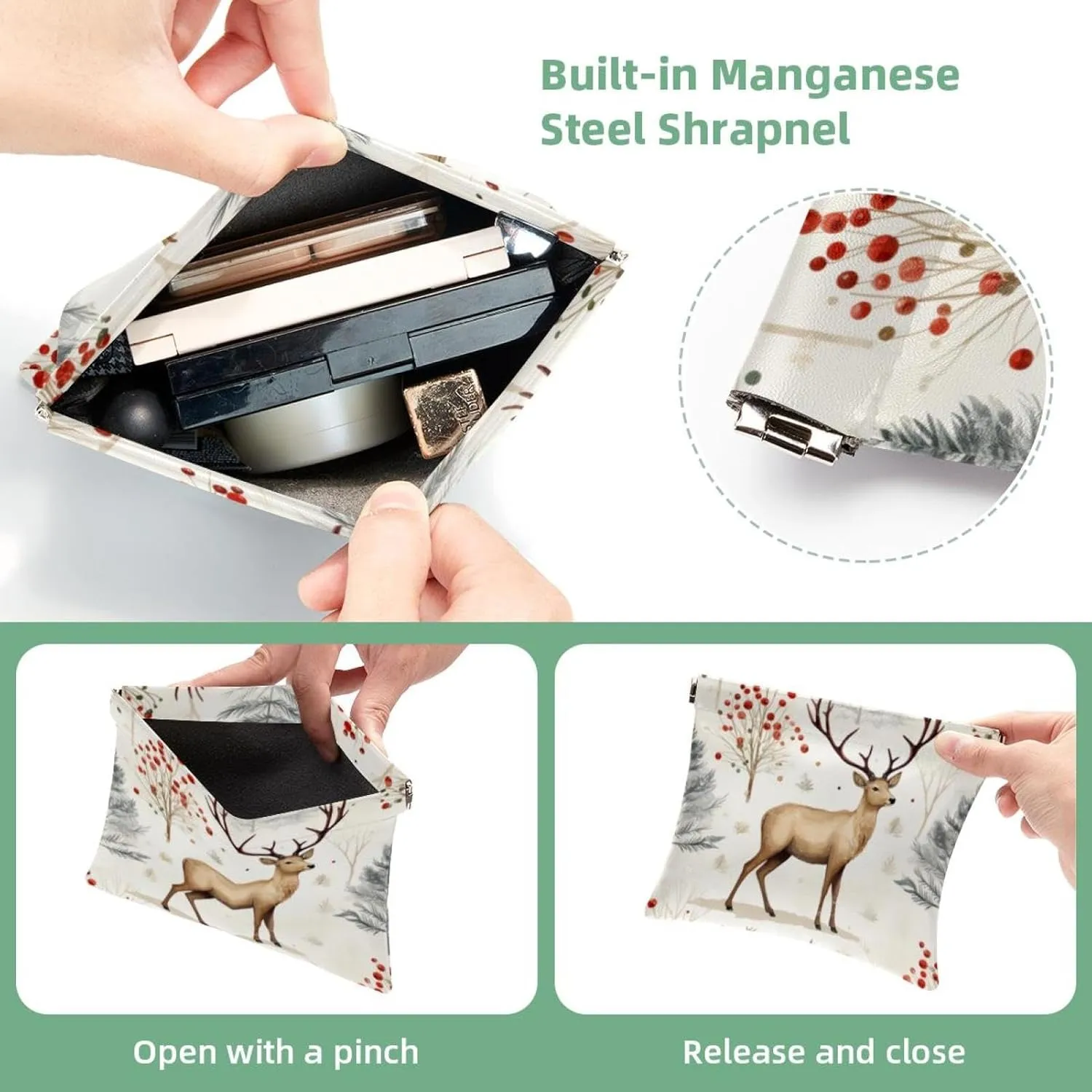 Small Pocket Cosmetic Bag, Squeeze Top Travel Makeup Bag for Purse, No Zipper Self-Closing Mini Makeup Pouch for Women Girls, Cute Christmas Elk-1835
