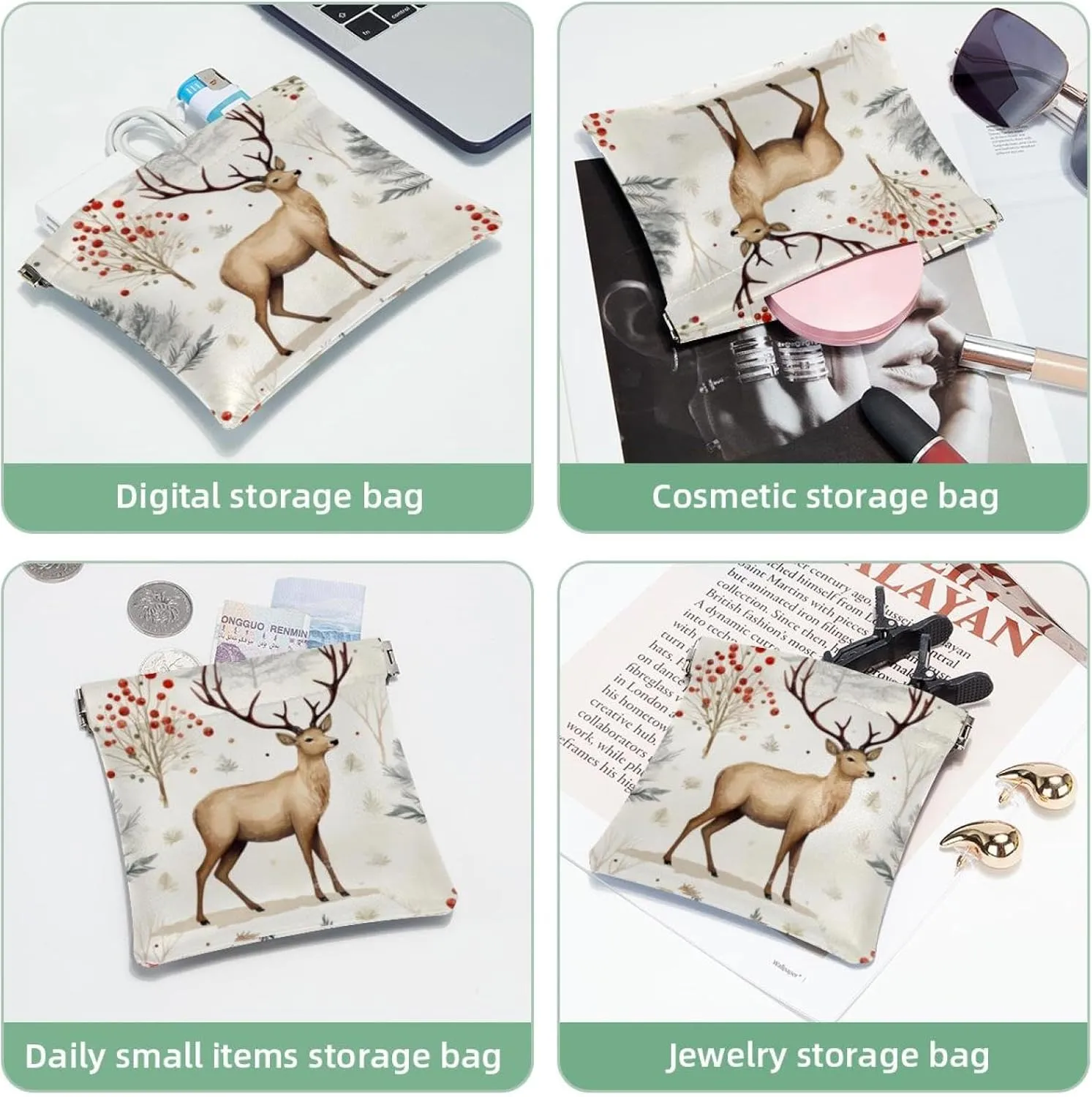 Small Pocket Cosmetic Bag, Squeeze Top Travel Makeup Bag for Purse, No Zipper Self-Closing Mini Makeup Pouch for Women Girls, Cute Christmas Elk-1835