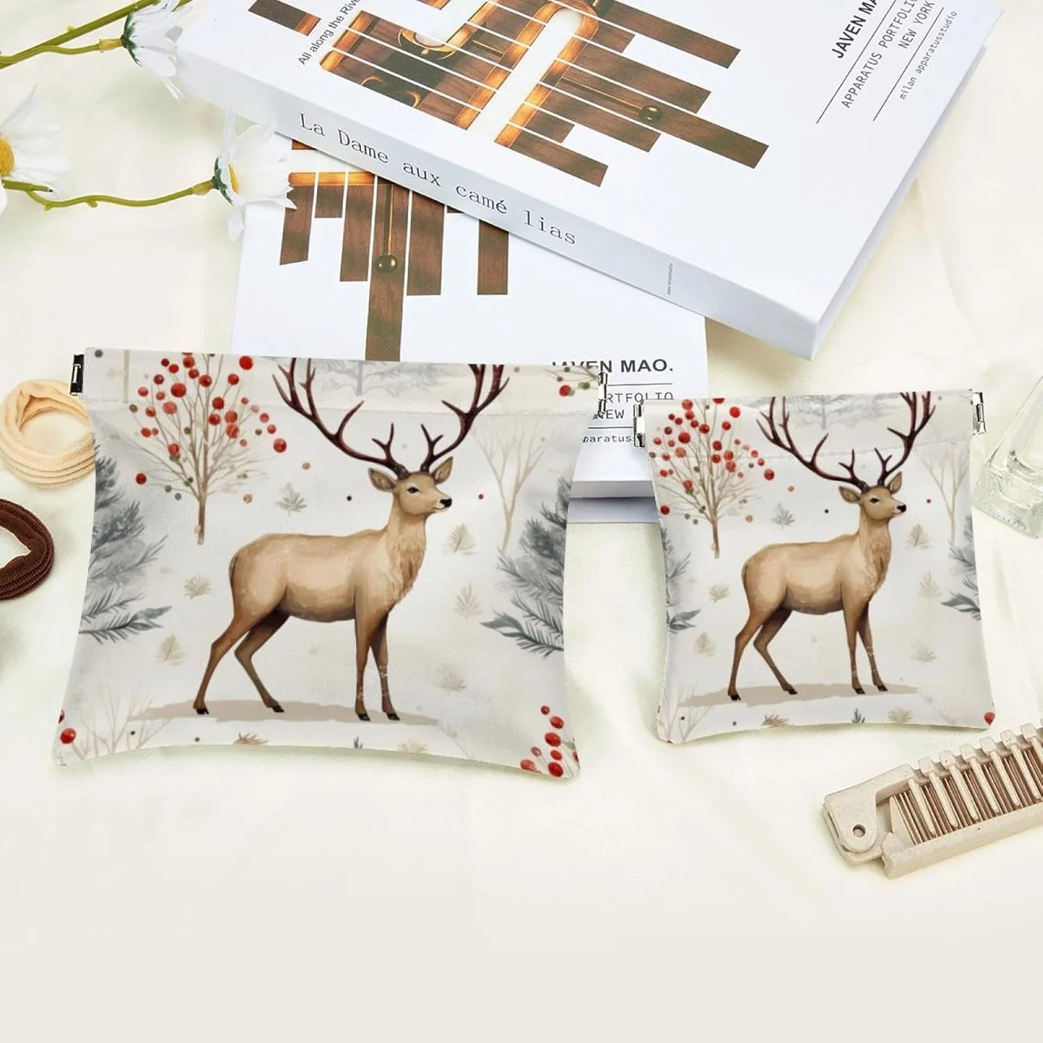 Small Pocket Cosmetic Bag, Squeeze Top Travel Makeup Bag for Purse, No Zipper Self-Closing Mini Makeup Pouch for Women Girls, Cute Christmas Elk-1835