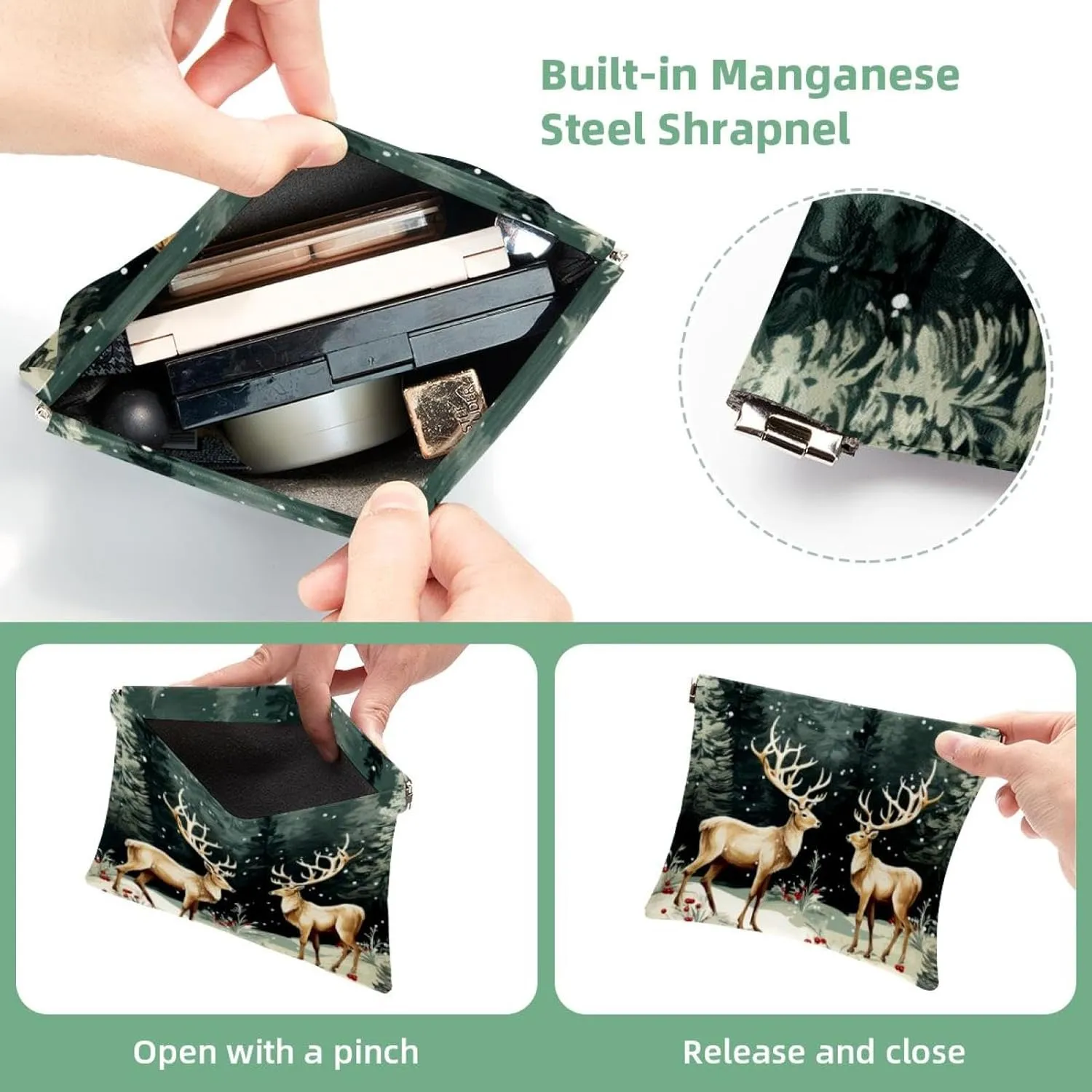 Small Pocket Cosmetic Bag, Squeeze Top Travel Makeup Bag for Purse, No Zipper Self-Closing Mini Makeup Pouch for Women Girls, Cute Christmas Elk-3