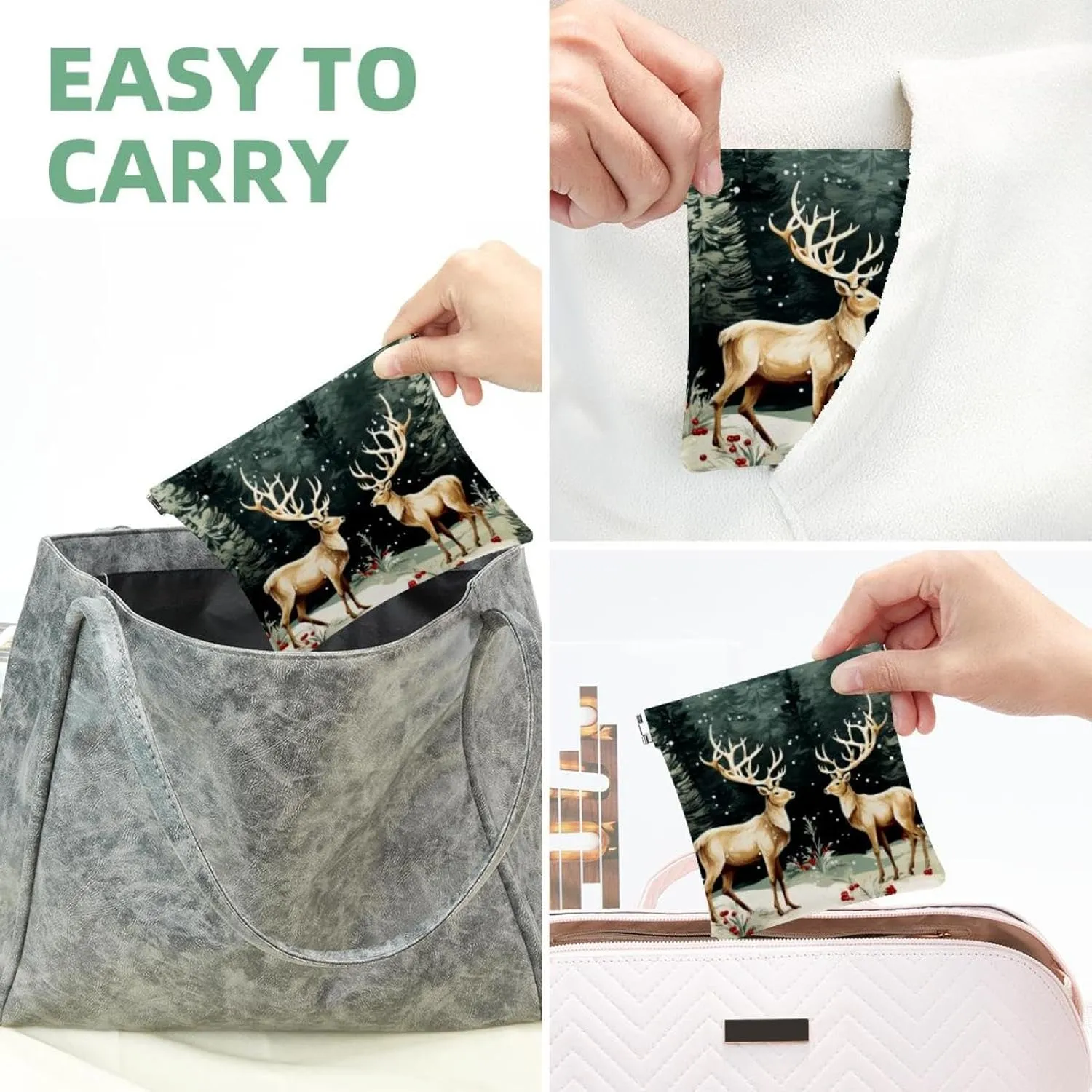 Small Pocket Cosmetic Bag, Squeeze Top Travel Makeup Bag for Purse, No Zipper Self-Closing Mini Makeup Pouch for Women Girls, Cute Christmas Elk-3