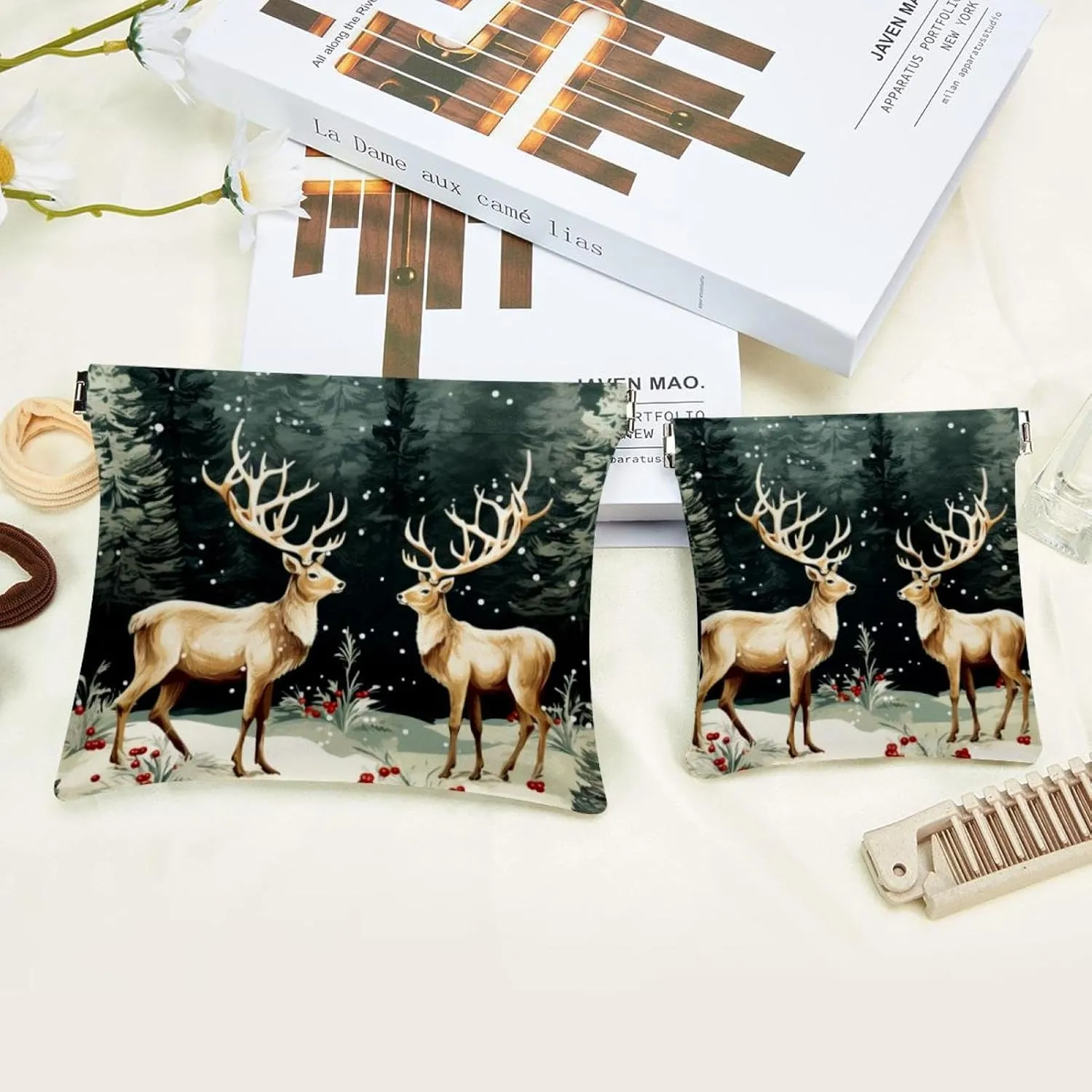 Small Pocket Cosmetic Bag, Squeeze Top Travel Makeup Bag for Purse, No Zipper Self-Closing Mini Makeup Pouch for Women Girls, Cute Christmas Elk-3