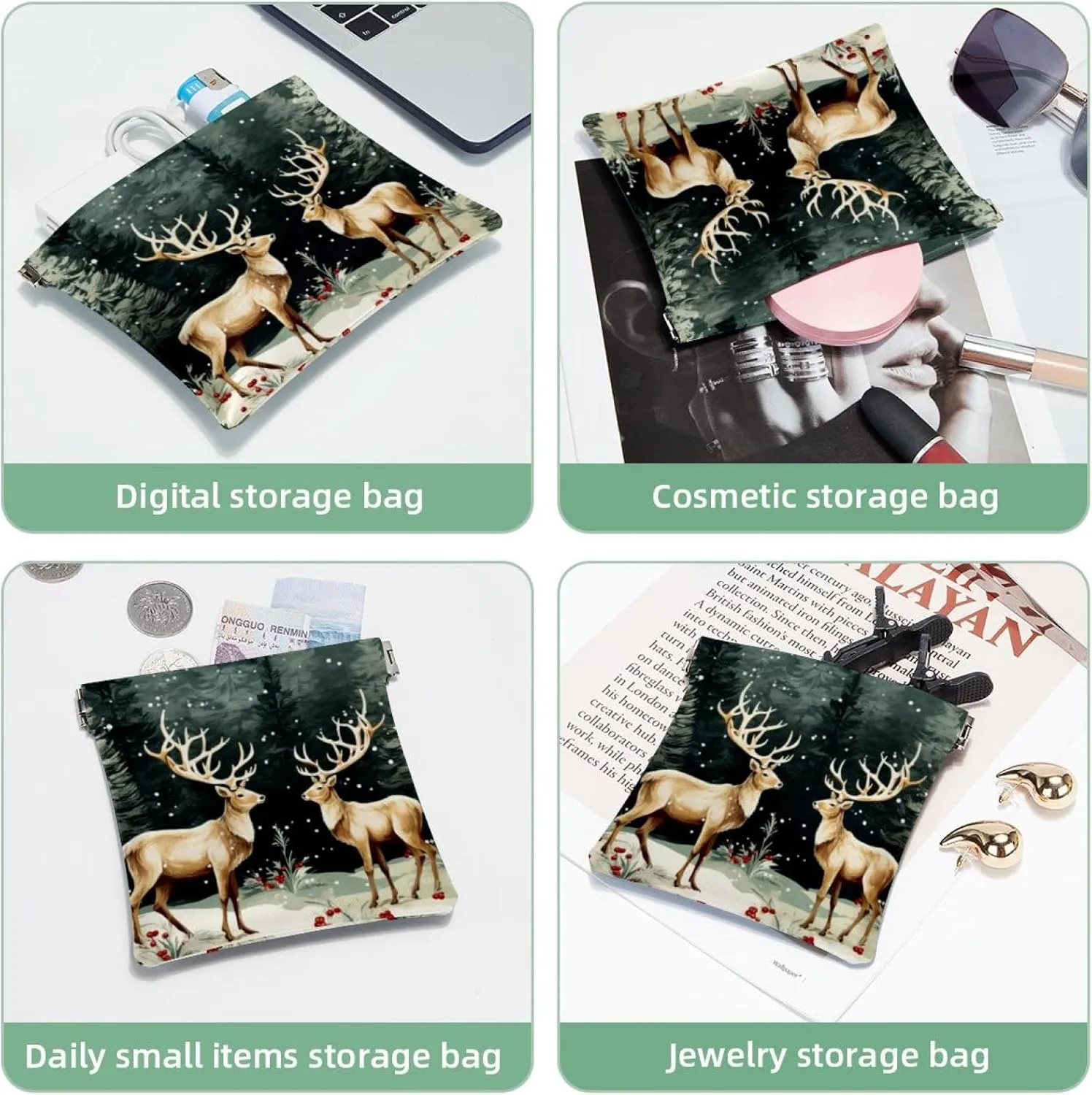 Small Pocket Cosmetic Bag, Squeeze Top Travel Makeup Bag for Purse, No Zipper Self-Closing Mini Makeup Pouch for Women Girls, Cute Christmas Elk-3