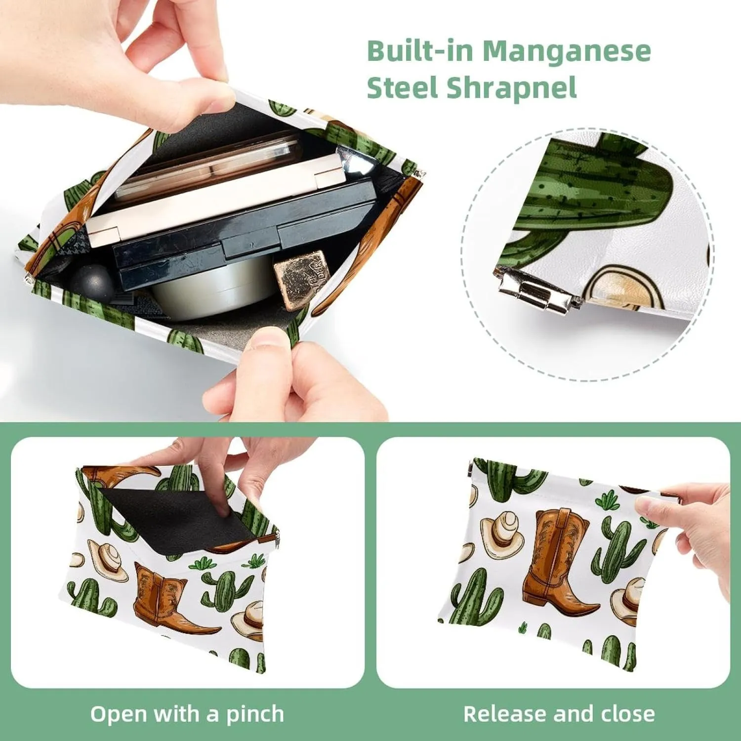 Small Pocket Cosmetic Bag, Squeeze Top Travel Makeup Bag for Purse, No Zipper Self-Closing Mini Makeup Pouch for Women Girls, Wild West Cactus and Cowboy Boots Pattern