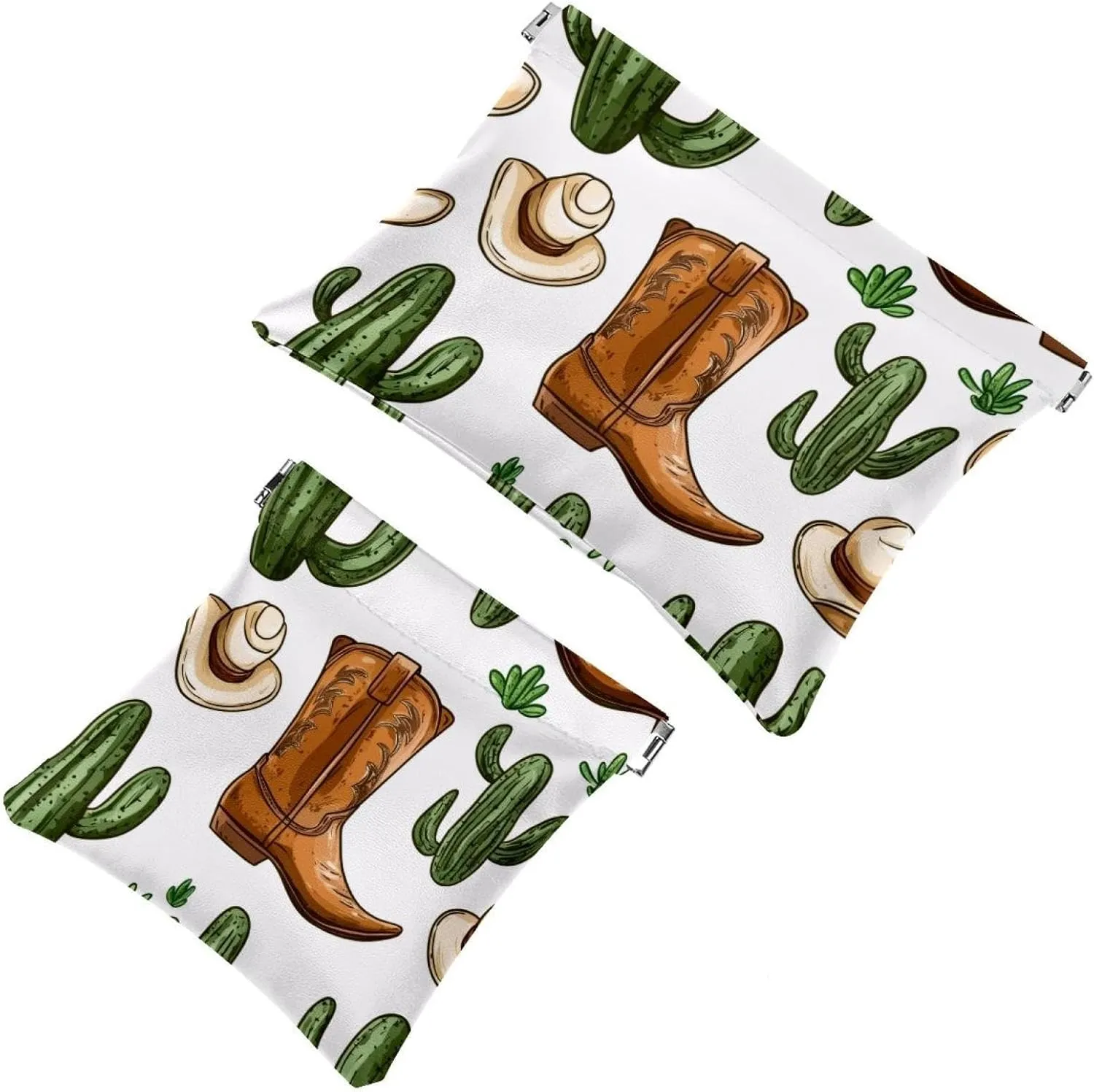 Small Pocket Cosmetic Bag, Squeeze Top Travel Makeup Bag for Purse, No Zipper Self-Closing Mini Makeup Pouch for Women Girls, Wild West Cactus and Cowboy Boots Pattern