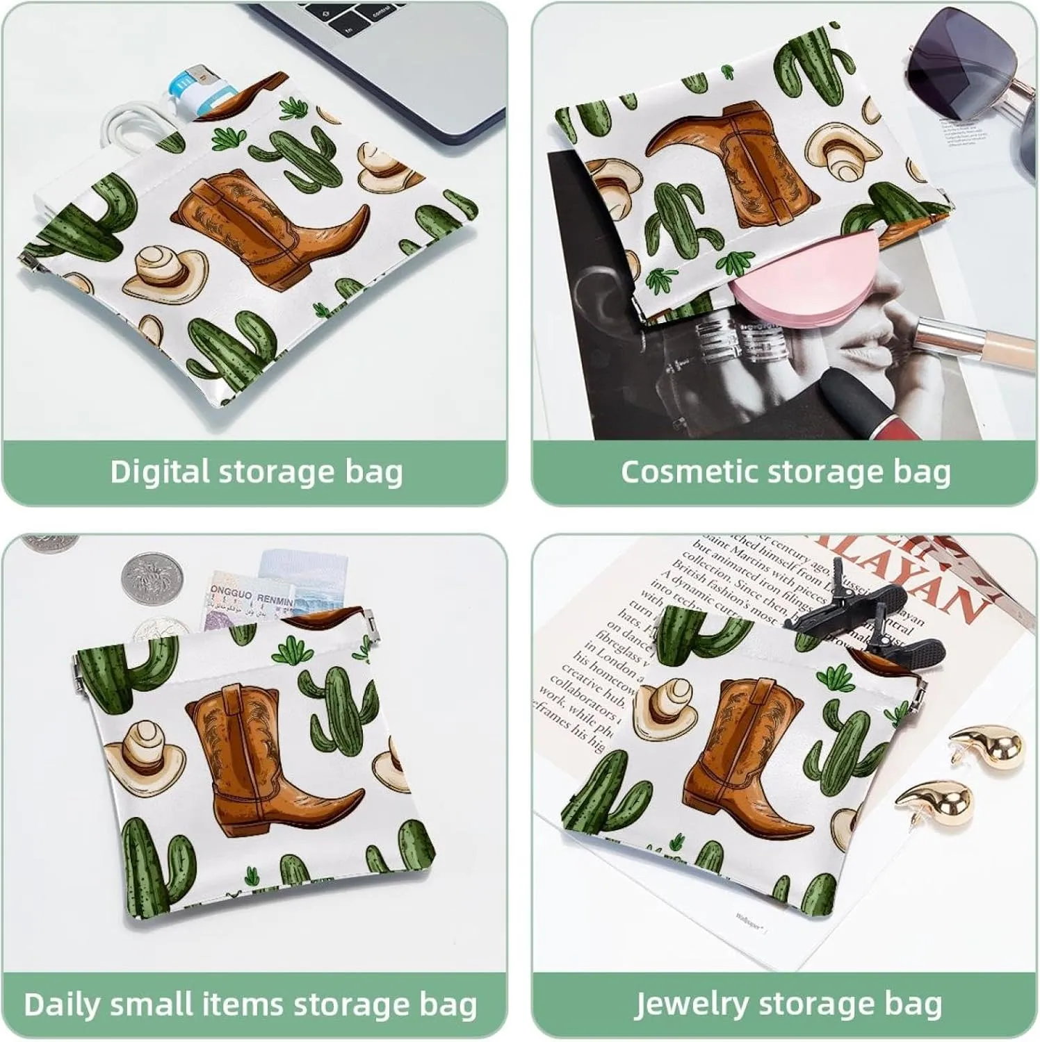 Small Pocket Cosmetic Bag, Squeeze Top Travel Makeup Bag for Purse, No Zipper Self-Closing Mini Makeup Pouch for Women Girls, Wild West Cactus and Cowboy Boots Pattern